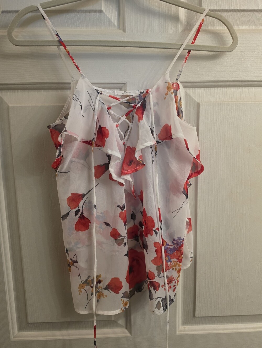 Soprano Floral Lace Up Ruffle Cami Top Size S Chiffon V-Neck Whimsigoth White